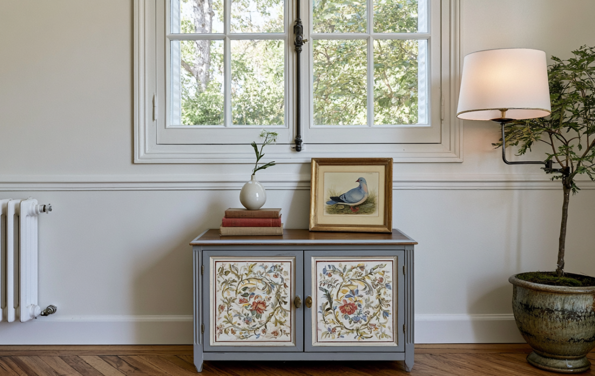 A stylish painted accent cabinet with floral doors placed under a bright window in a cozy living room.