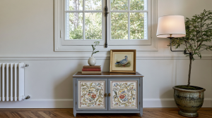 A grey painted console cabinet with floral doors sits beneath a multi-pane window with a framed bird print and ceramic vase on top.