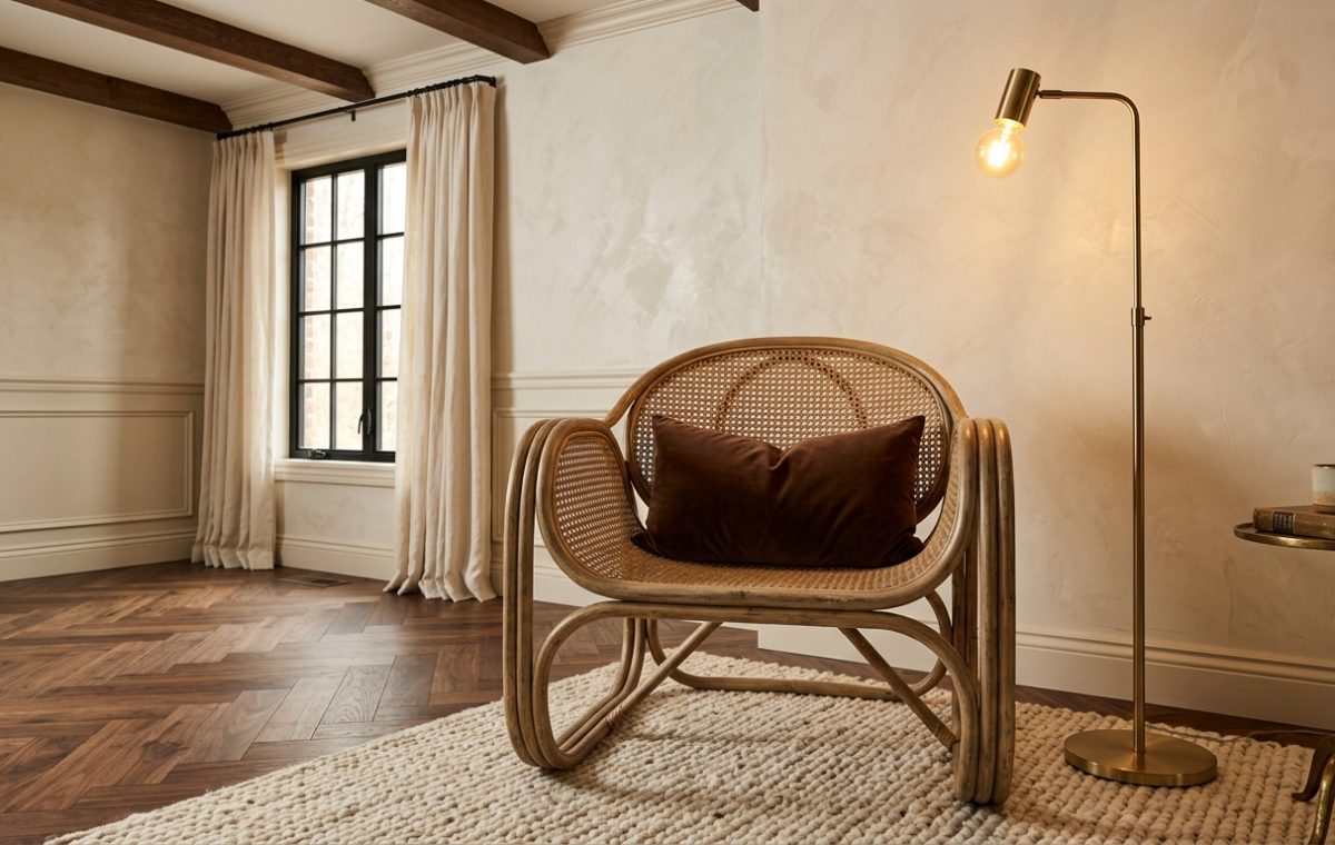 A stylish rattan armchair with a dark pillow on a wool rug next to a brass floor lamp