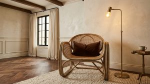 A stylish rattan armchair with a dark pillow on a wool rug next to a brass floor lamp