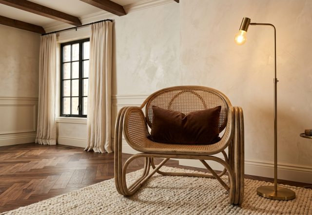 A stylish rattan armchair with a dark pillow on a wool rug next to a brass floor lamp
