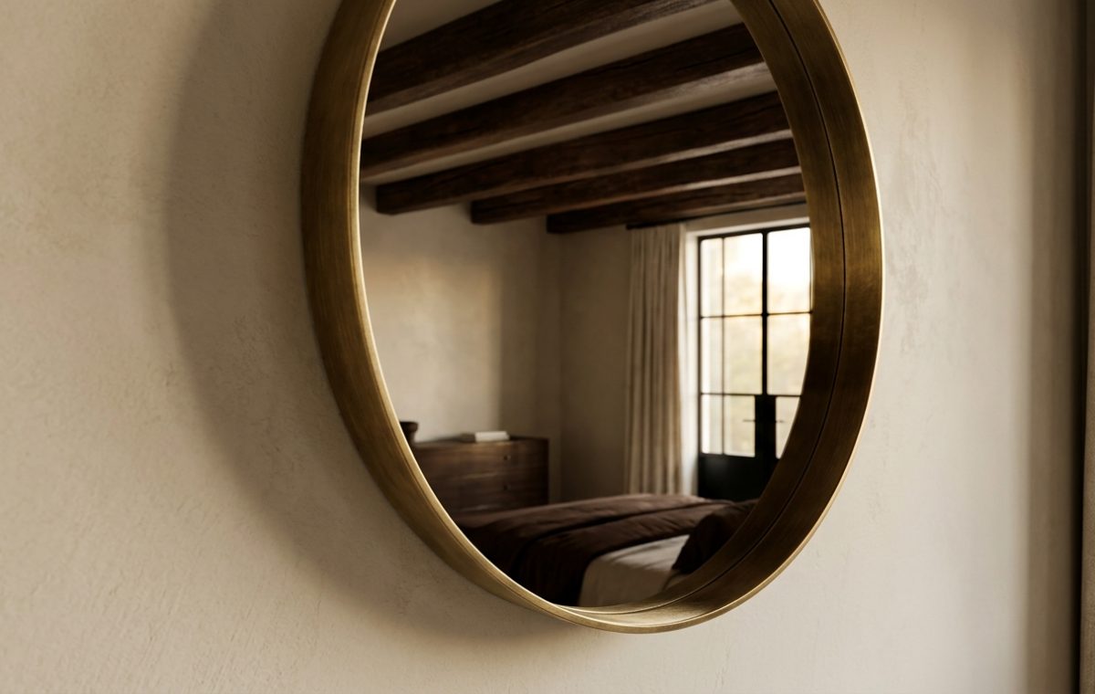 A round brass wall mirror hanging on a textured beige wall reflecting a bedroom with wooden beams