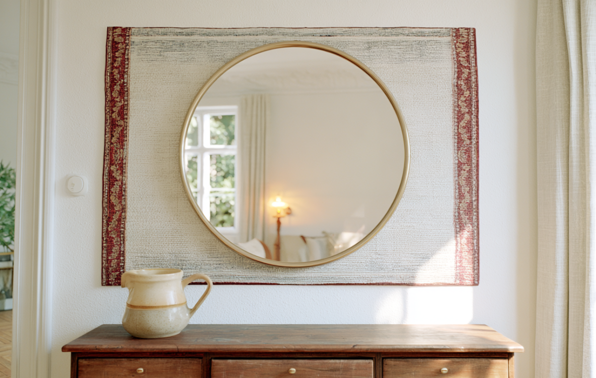 Round mirror wall decor mounted on a textured fabric hanging above a wooden dresser with a ceramic jug