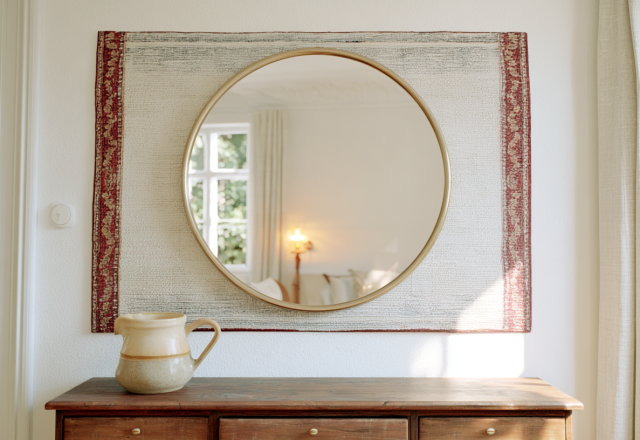 Round mirror wall decor mounted on a textured fabric hanging above a wooden dresser with a ceramic jug