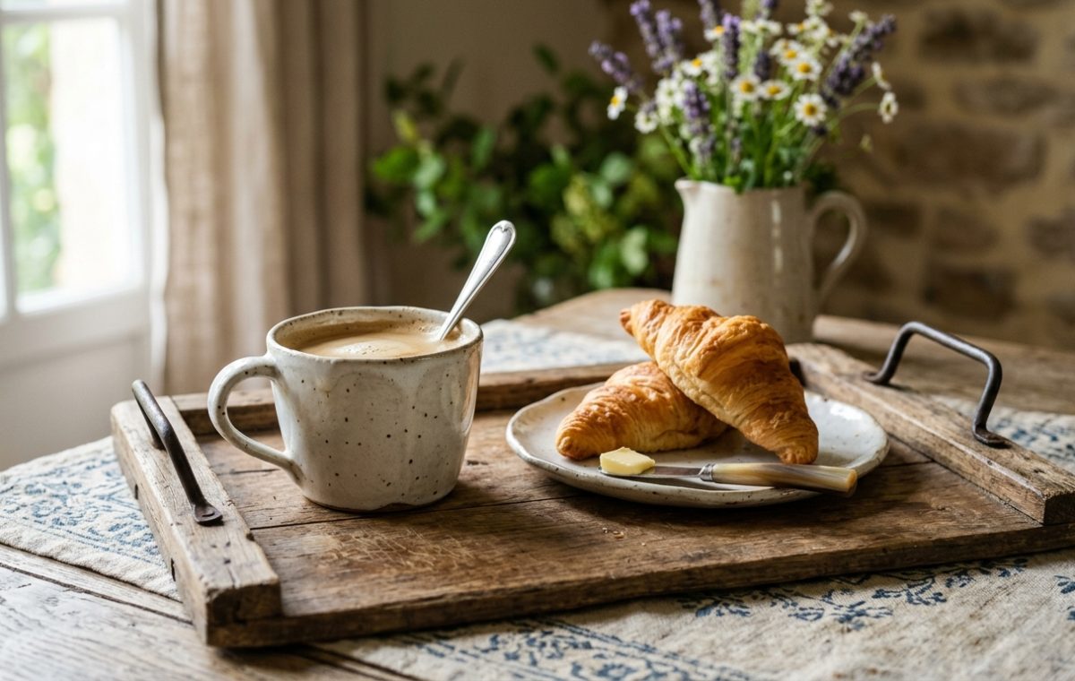 A rustic wooden tray with morning coffee and croissants sits on a linen tablecloth near a window.