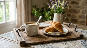 A rustic wooden tray with morning coffee and croissants sits on a linen tablecloth near a window.
