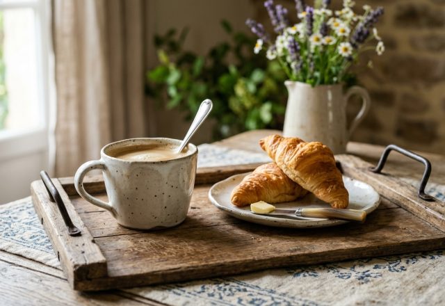 A rustic wooden tray with morning coffee and croissants sits on a linen tablecloth near a window.