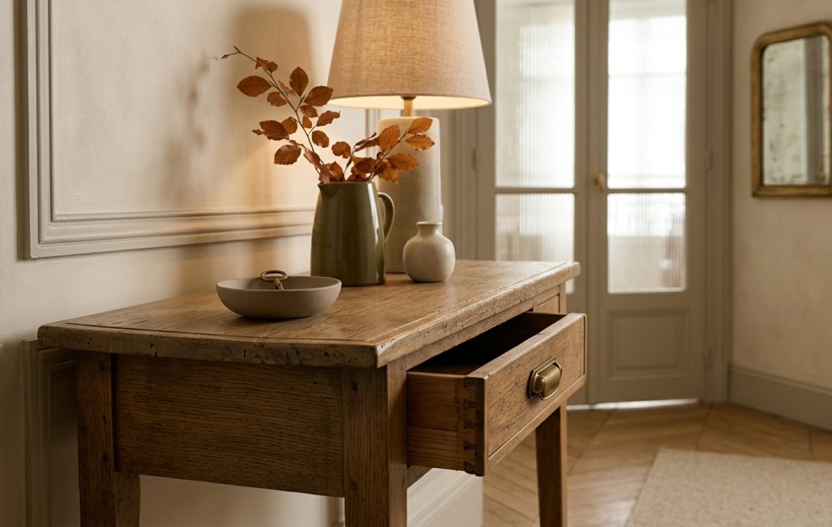 A rustic entryway table styled with a lamp, dried branches in a vase, and an open drawer in a neutral hallway.