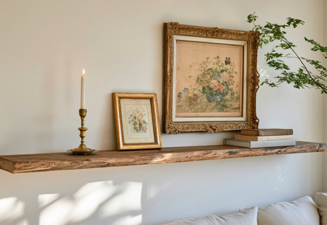 A rustic floating shelf holding vintage framed art, brass candlesticks, and books against a neutral living room wall.