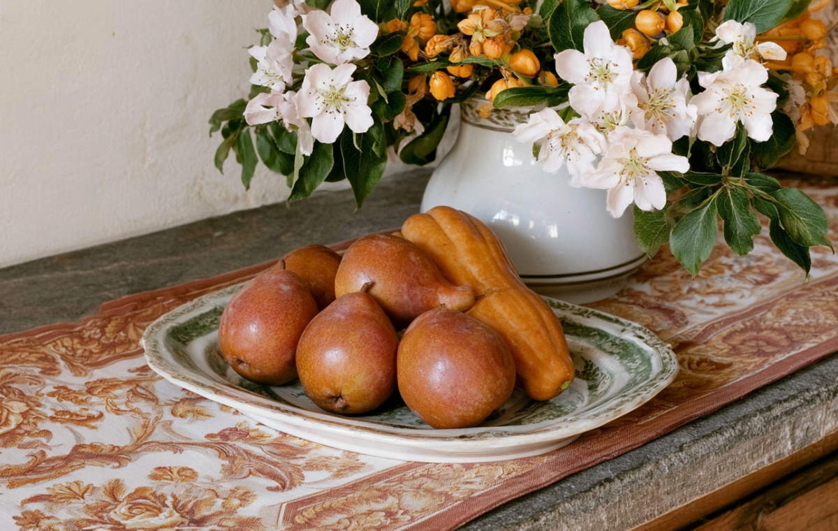 A rustic kitchen table centerpiece featuring pears and a squash on a vintage platter next to a pitcher of white blossoms.