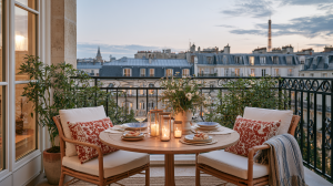 A small balcony bistro set arranged with candles and red pillows overlooking the Paris skyline.