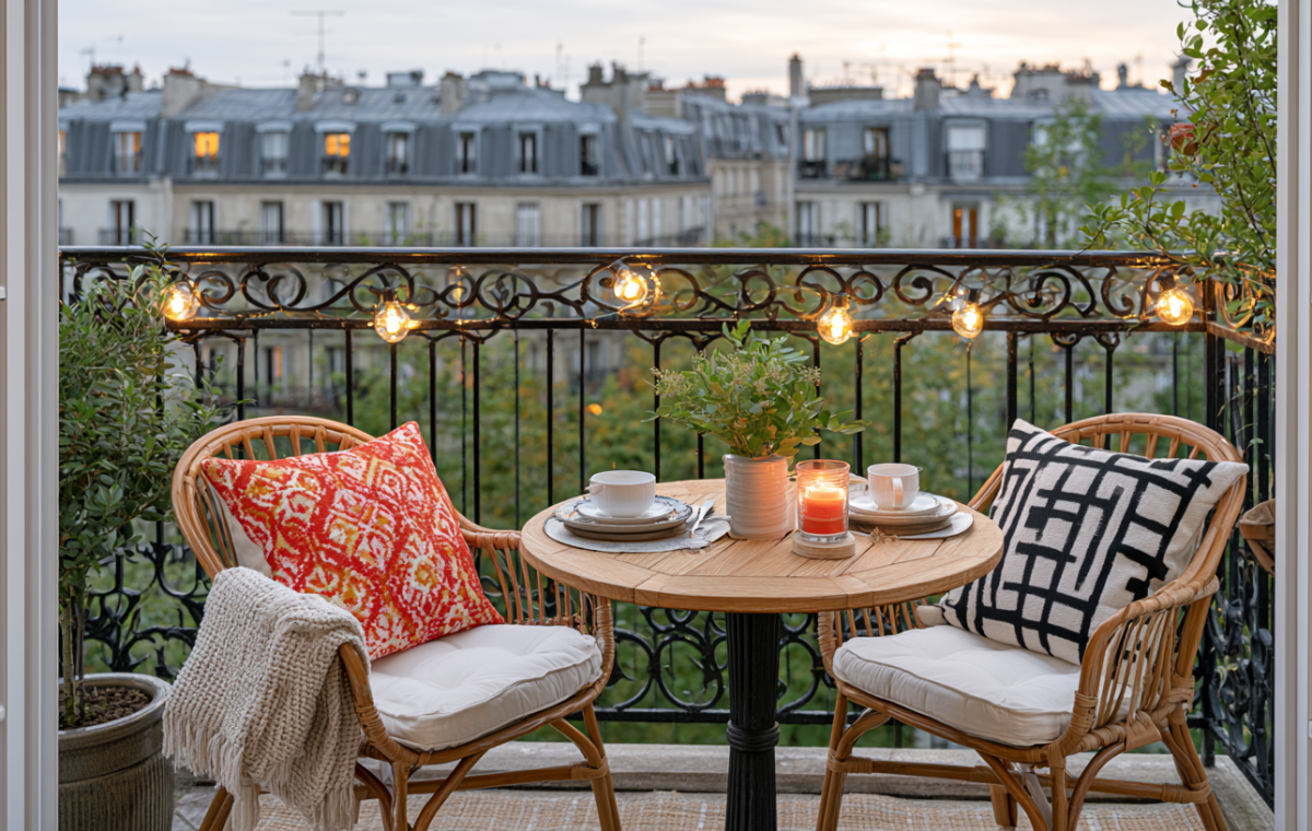 Cozy small balcony design featuring a bistro set, string lights, and city views.
