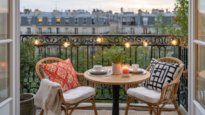 Cozy small balcony design featuring a bistro set, string lights, and city views.