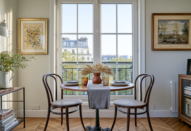 Cozy breakfast nook with round wooden table, bentwood chairs, and large window overlooking a city street.