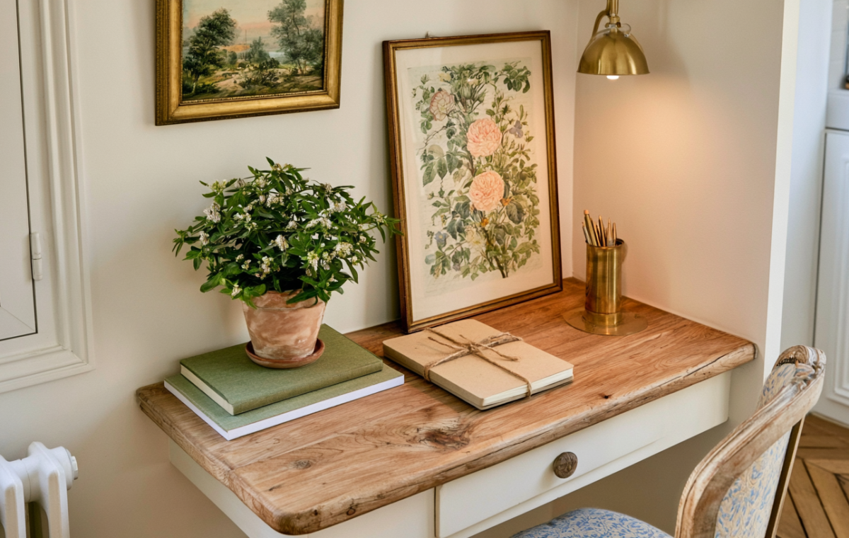 A cozy small desk setup featuring a wooden writing desk, botanical art, potted plant, and brass lamp in a bright room.