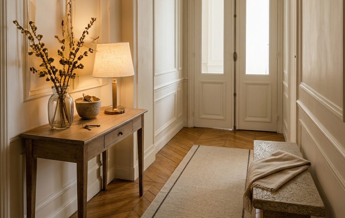 A small entryway table styled with a lamp and vase in a bright hallway with hardwood floors.