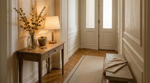 A small entryway table styled with a lamp and vase in a bright hallway with hardwood floors.
