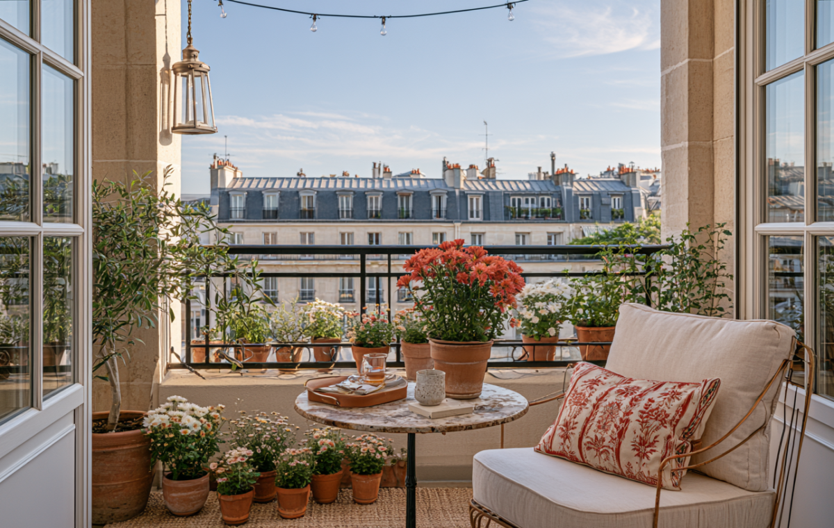 small Parisian balcony decor featuring potted plants, bistro table, and cushioned chair overlooking city rooftops
