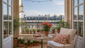 small Parisian balcony decor featuring potted plants, bistro table, and cushioned chair overlooking city rooftops