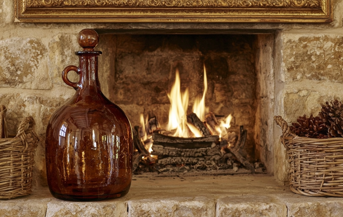 Cozy stone fireplace hearth decorated with an amber glass bottle and wicker baskets filled with pinecones.