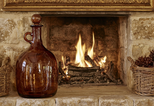 Cozy stone fireplace hearth decorated with an amber glass bottle and wicker baskets filled with pinecones.