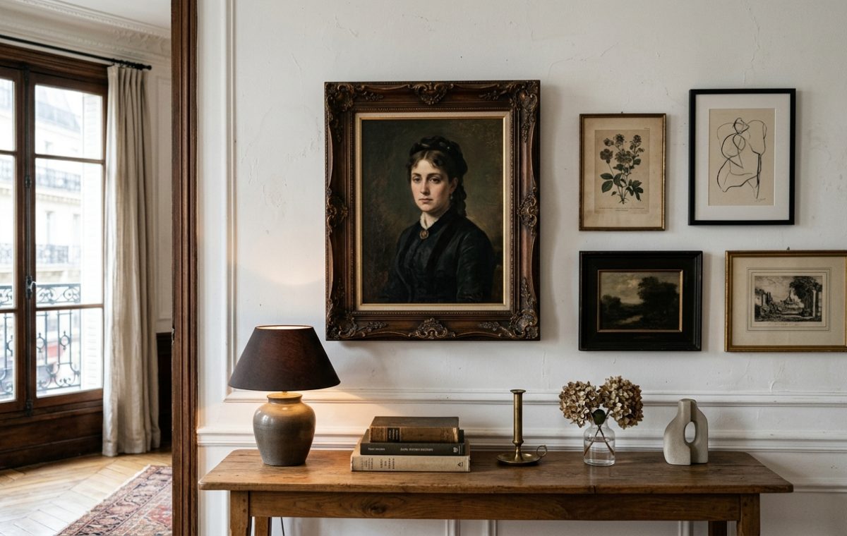 A curated gallery wall featuring a vintage oil painting and framed sketches above a wooden console table.