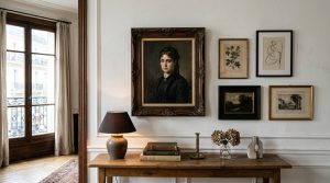 A curated gallery wall featuring a vintage oil painting and framed sketches above a wooden console table.