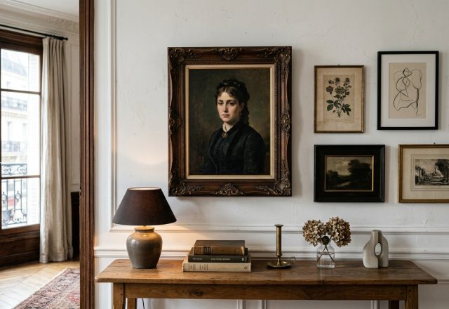 A curated gallery wall featuring a vintage oil painting and framed sketches above a wooden console table.