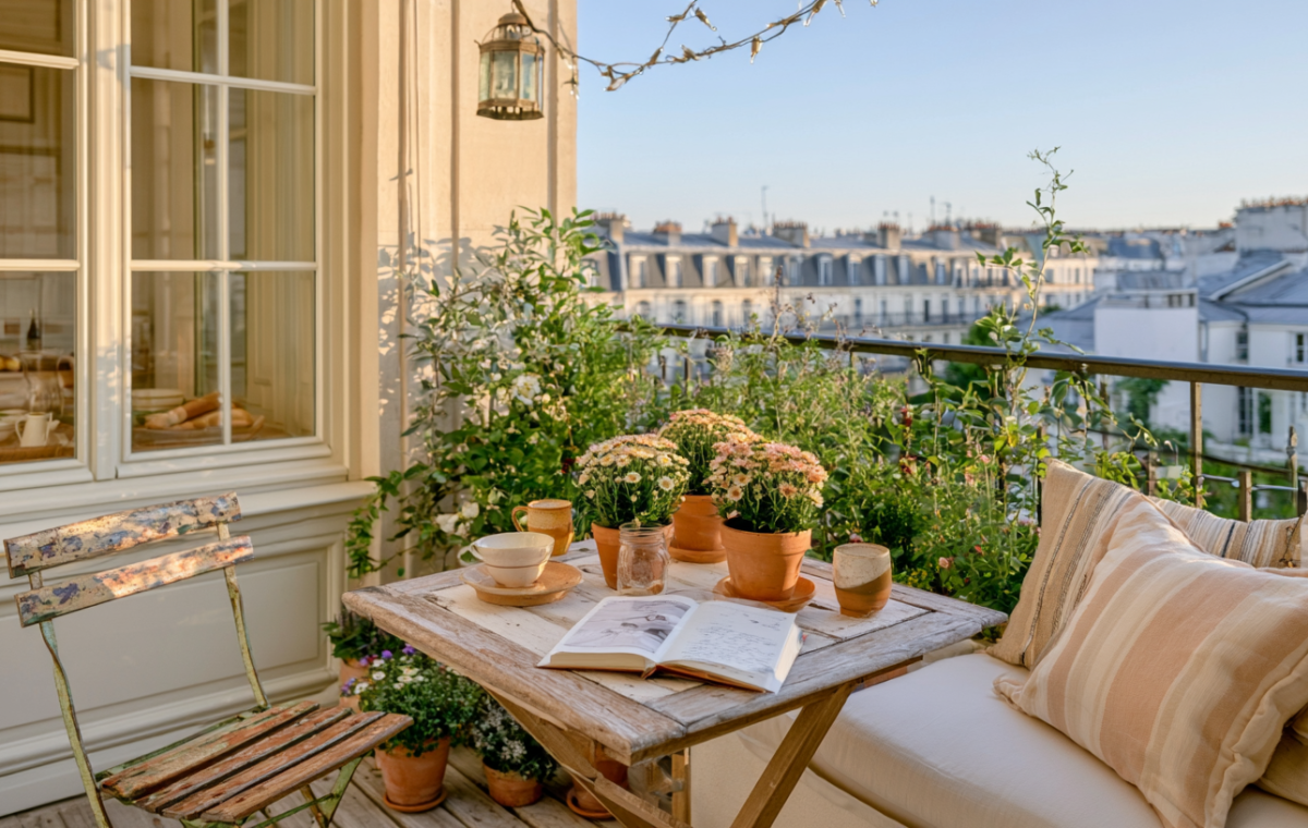 Cozy apartment balcony decor featuring a rustic wooden table, potted flowers, and a vintage chair overlooking a city view