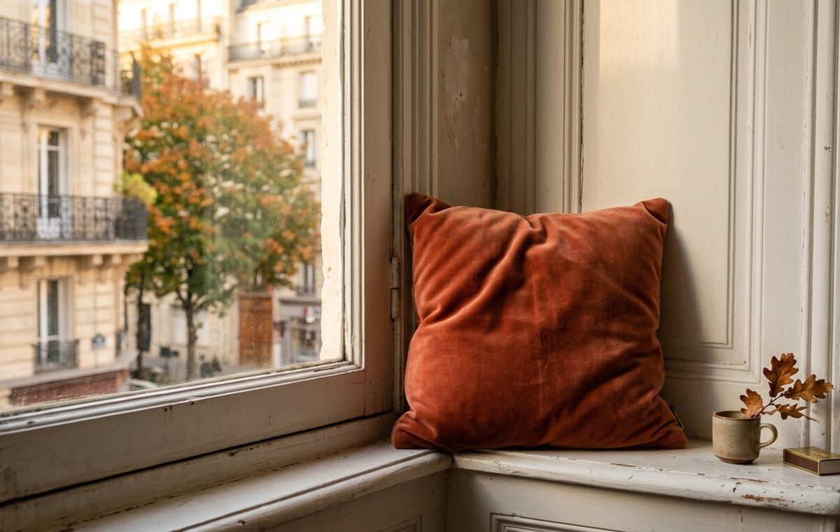 A cozy rust orange velvet window seat cushion placed on a wooden sill with a mug and autumn leaves.