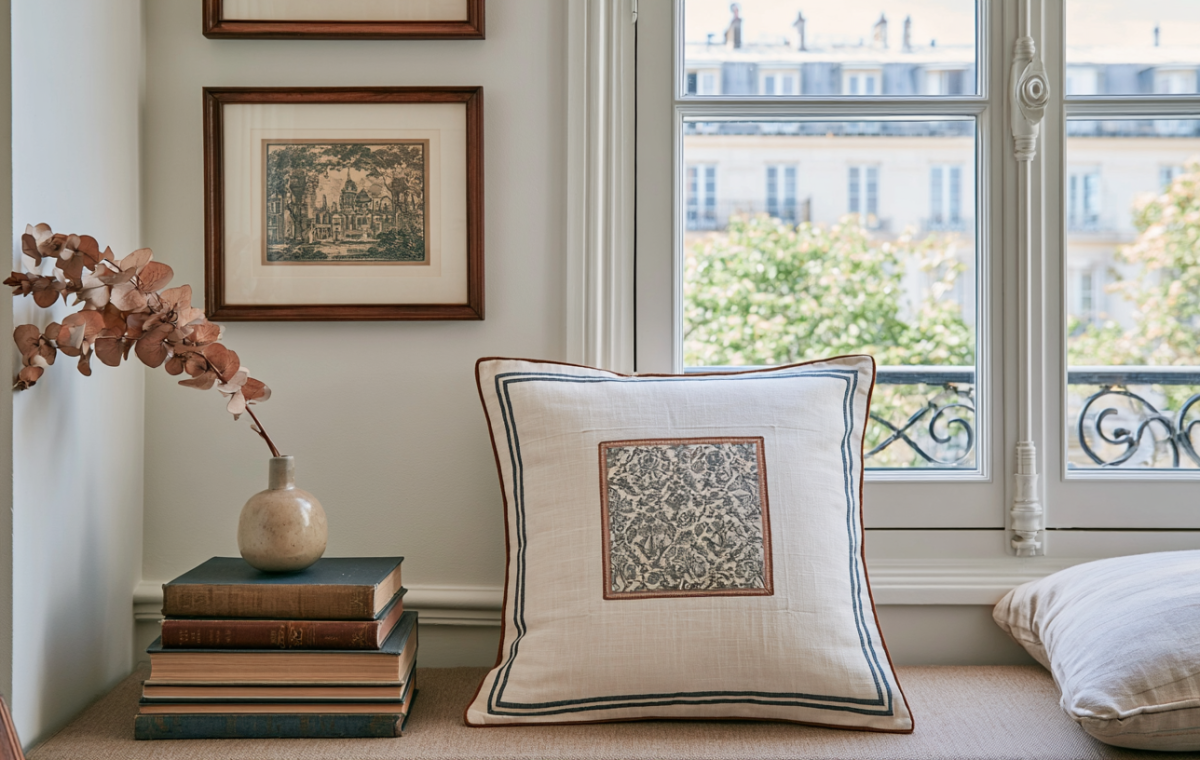 Cozy window seat cushion styled with a patterned accent pillow, vintage books, and a ceramic vase near a bright window.
