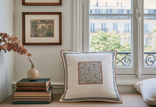 Cozy window seat cushion styled with a patterned accent pillow, vintage books, and a ceramic vase near a bright window.