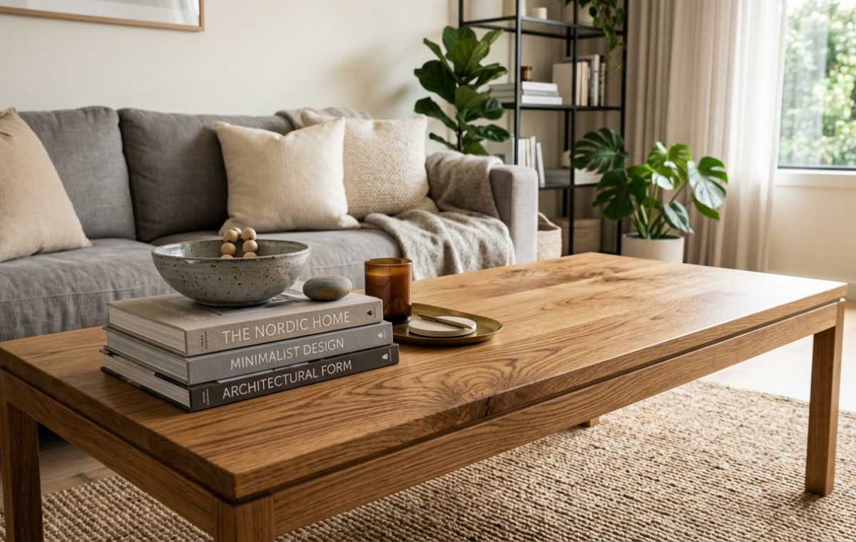 A solid wooden coffee table styled with books, a ceramic bowl, and a candle in a bright neutral living room.