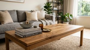 A solid wooden coffee table styled with books, a ceramic bowl, and a candle in a bright neutral living room.