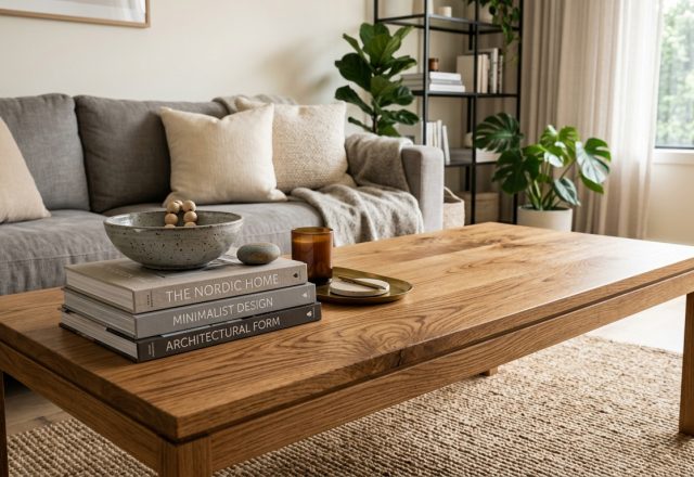 A solid wooden coffee table styled with books, a ceramic bowl, and a candle in a bright neutral living room.