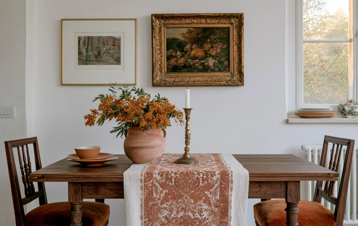 A rustic wooden dining room table runner styled with a vase, candle, and vintage wall art.