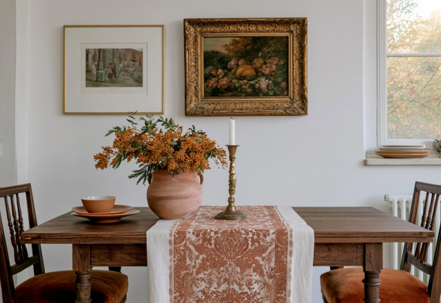 A rustic wooden dining room table runner styled with a vase, candle, and vintage wall art.