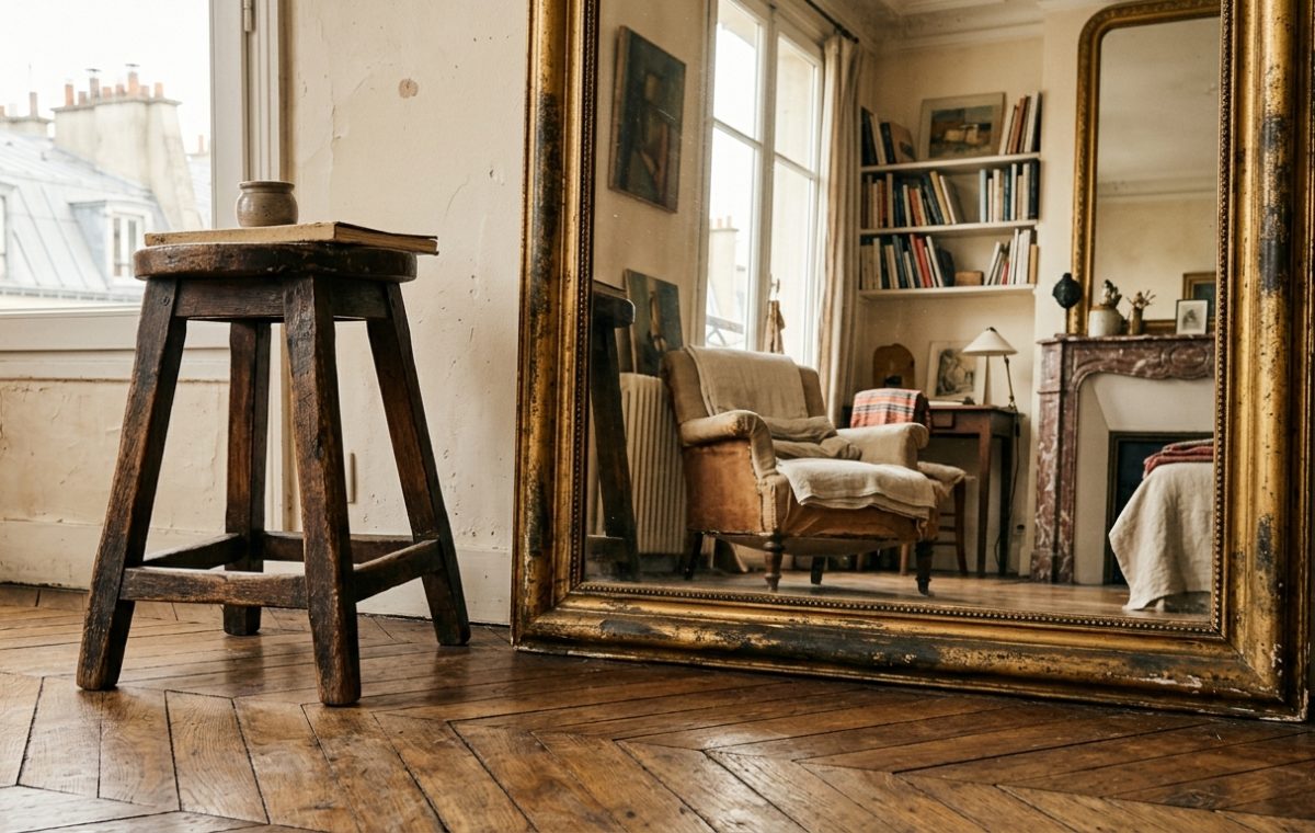An oversized antique floor mirror leaning against a weathered plaster wall next to a rustic wooden stool and herringbone flooring.