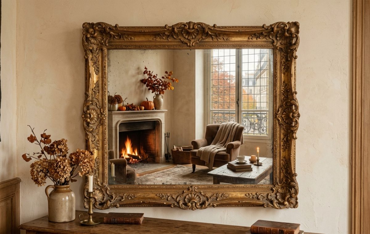 An ornate antique gold mirror hanging on a textured wall reflecting a cozy fireplace and sitting room.