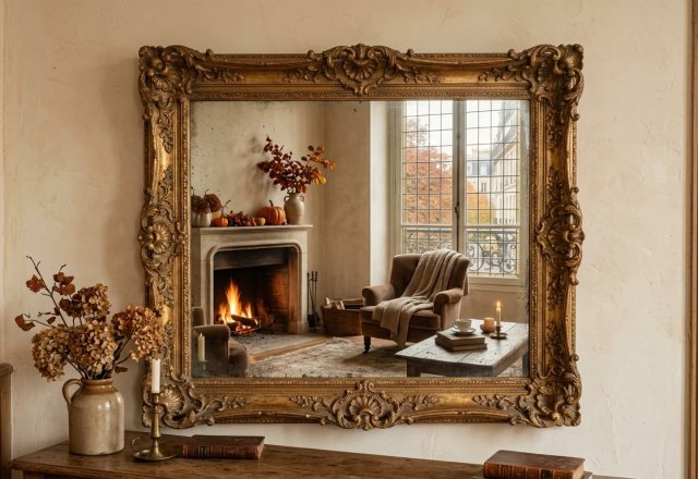 An ornate antique gold mirror hanging on a textured wall reflecting a cozy fireplace and sitting room.