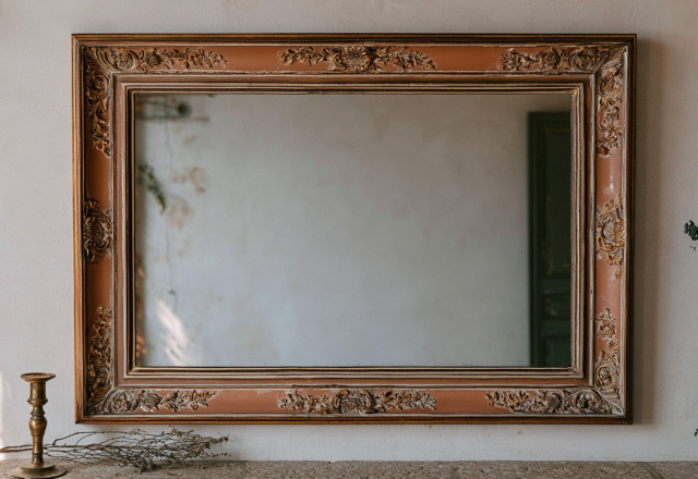 An antique gold and peach ornate wooden frame mirror mounted on a textured neutral wall above a rustic mantel.