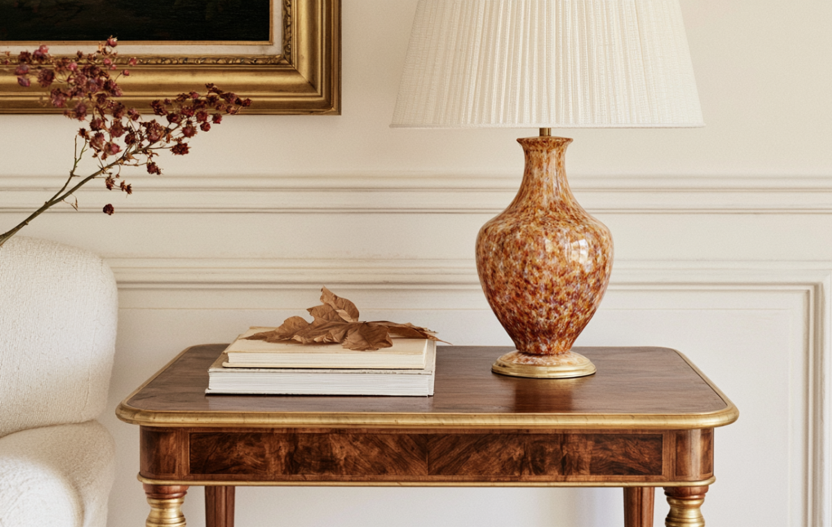An antique side table styled with a ceramic lamp, books, and dried botanicals in a classic living room.