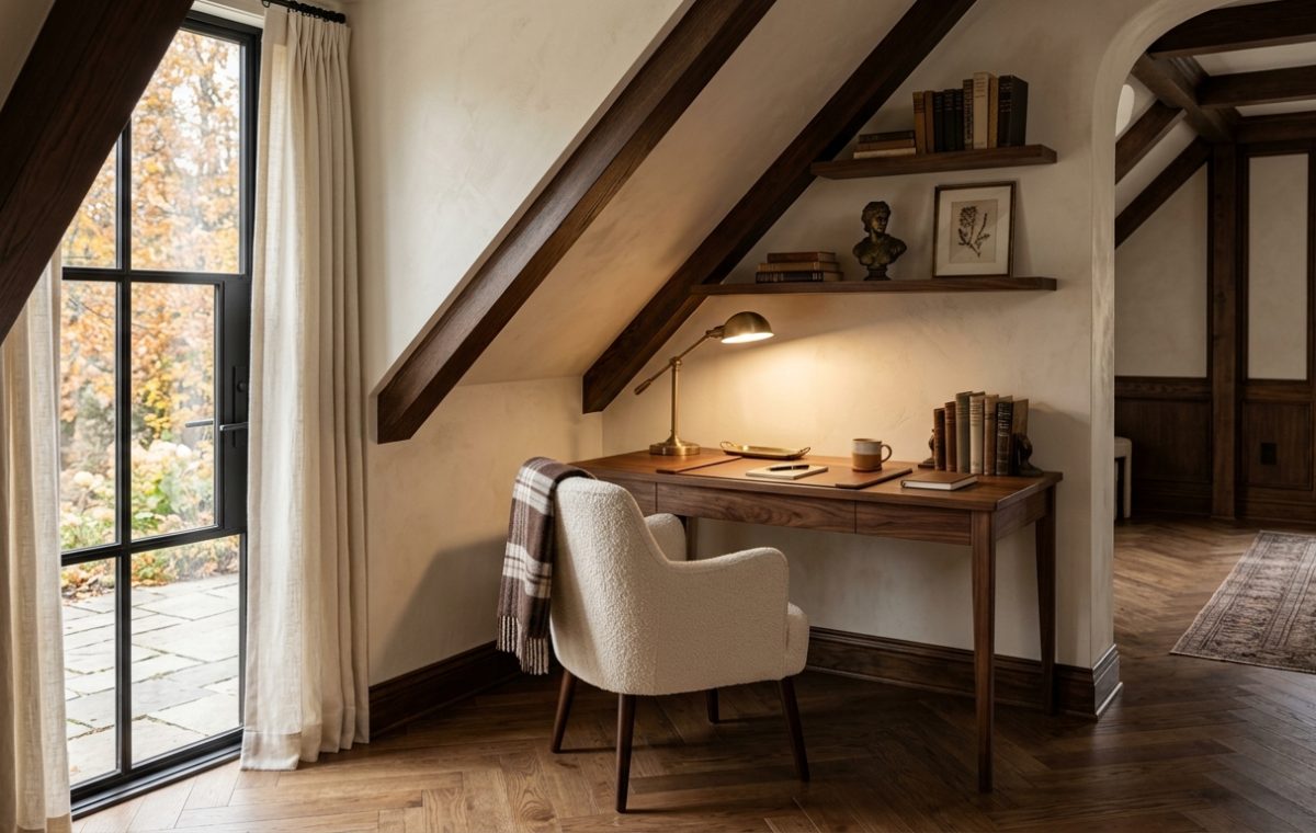 Warm attic desk nook tucked under a sloped ceiling with exposed timber rafters and a bouclé armchair.