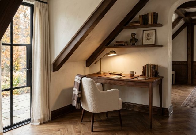 Warm attic desk nook tucked under a sloped ceiling with exposed timber rafters and a bouclé armchair.