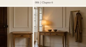 A styled wooden entryway console table featuring a brass lamp, ceramic bowls, and a round mirror.