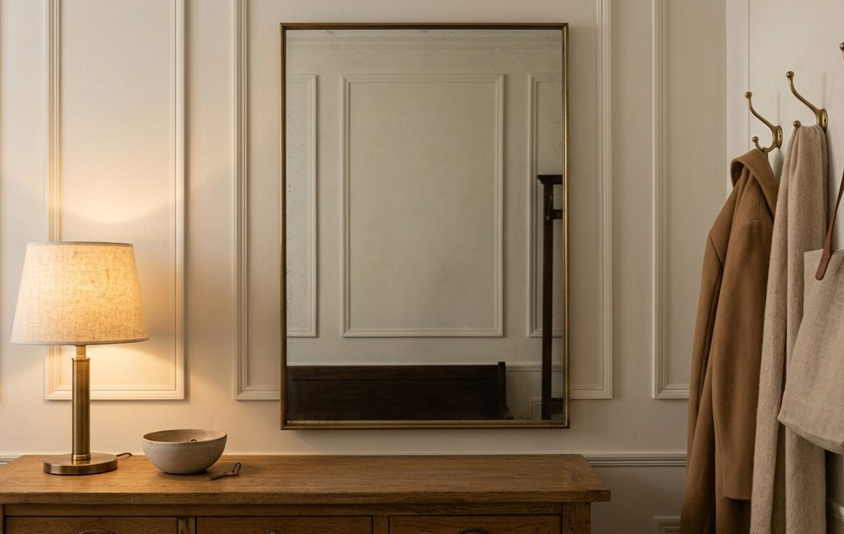 An elegant brass entryway mirror hanging above a wooden console table with a lamp and wall hooks in a hallway.