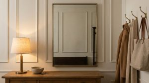 An elegant brass entryway mirror hanging above a wooden console table with a lamp and wall hooks in a hallway.