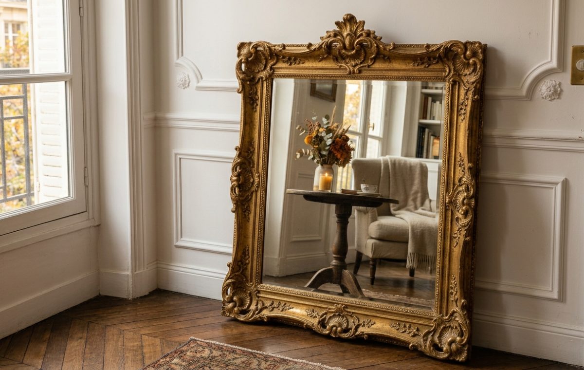 An oversized ornate gold mirror leaning against white paneled walls in a room with herringbone hardwood floors.