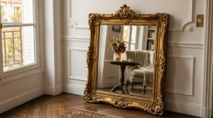An oversized ornate gold mirror leaning against white paneled walls in a room with herringbone hardwood floors.