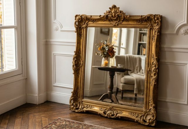 An oversized ornate gold mirror leaning against white paneled walls in a room with herringbone hardwood floors.